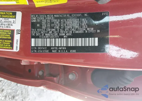 2012 Toyota Venza Le from USA, damaged, VIN 4T3ZA3BB7CU057011